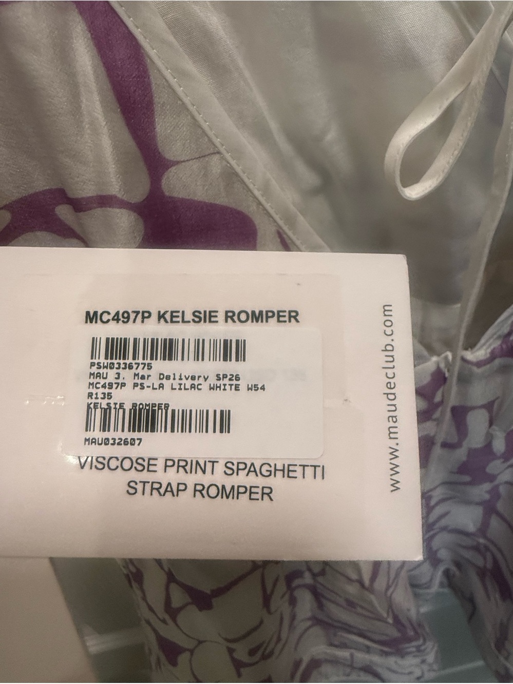 Maude Club Kelsie Romper Lilac White Print Spaghetti Strap Size S NWT - Picture 5 of 5